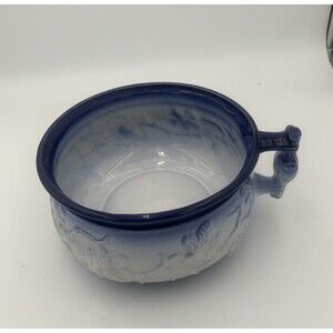 Vintage Staffordshire Chamber Flower Pot Blue/White Glaze Antique.